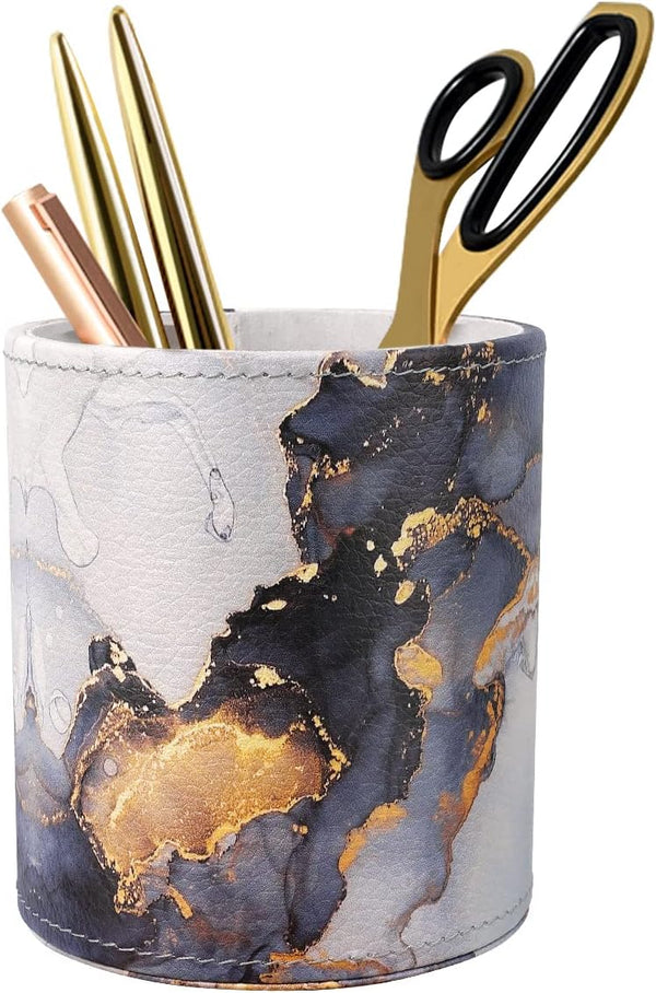 WAVEYU Marble Pen Holder for Desk - Large PU Leather Multi-Functional Organizer Cup for Office, Classroom, Home