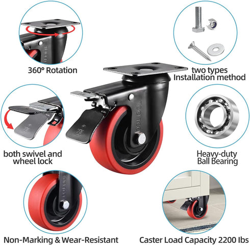 Heavy Duty 4 Inch Caster Wheels Set of 4, 2200Lbs Capacity Silent Swivel with Brake & Rigid TPR Rubber Wheels