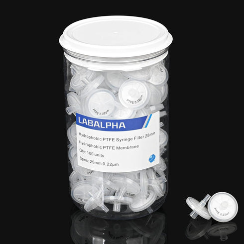 LABALPHA Syringe Filters PTFE, 100 Pack, 25mm, 0.22µm Hydrophobic Filtration