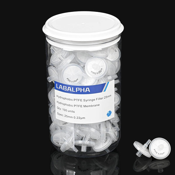 LABALPHA Syringe Filters PTFE, 100 Pack, 25mm, 0.22µm Hydrophobic Filtration