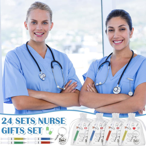 Dispowreath 24 Sets 2026 Cna Nurse Week Gifts Bulk Syringe Pens Keychains Funny Novelty Nurse Pen with Thank You Cards