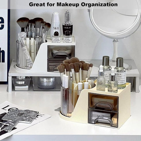 Marte Vanci Desk Organizer, Plastic Makeup Organizer with Drawers, Rotating Pen Holder, Multifunctional Desk Caddy