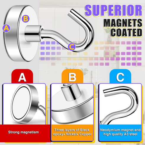 TRYMAG Strong Magnetic Hooks for Cruise Cabins, 80Lbs+ Neodymium Extra Strength Industrial Hooks, 12Pcs