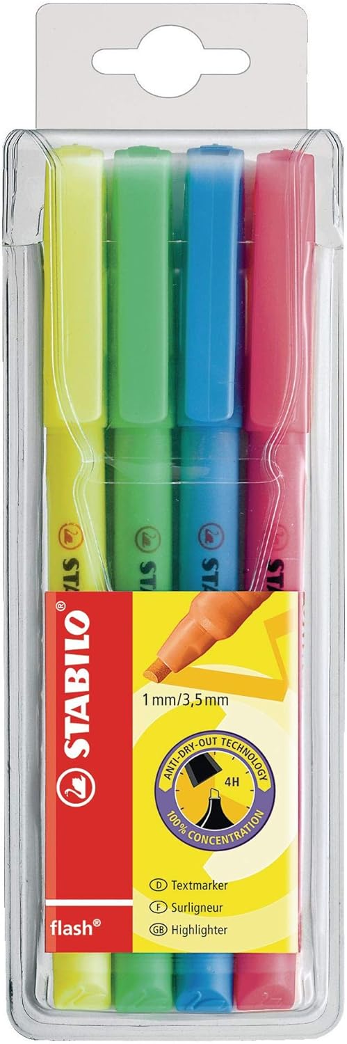 STABILO Highlighter Flash, Wallet of 4, Assorted Colours