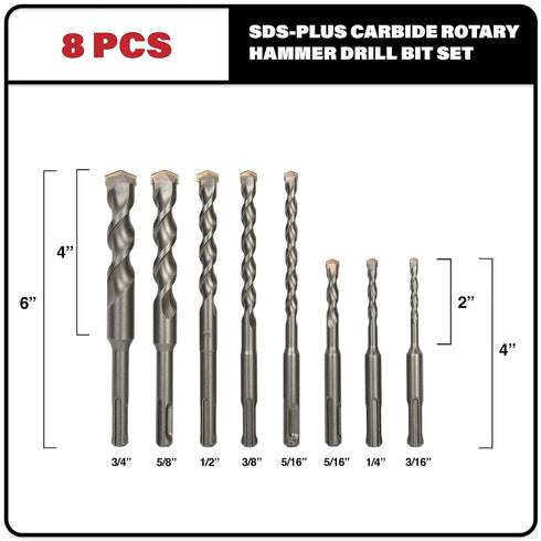 8-Piece SDS Plus Drill Bit Set, Carbide Tipped Rotary Hammer Bits for Brick, Stone, Concrete