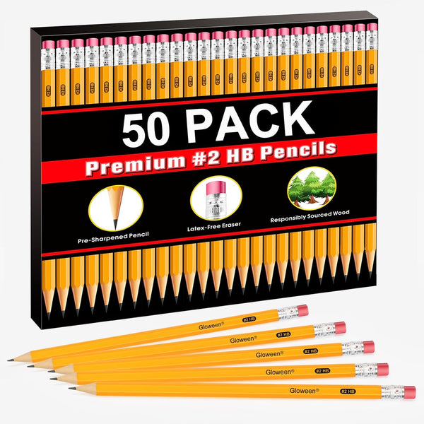 Gloween Wood-Cased #2 HB Pencils Bulk - 50 Pack Pre-Sharpened Yellow Pencils for Office School Supplies