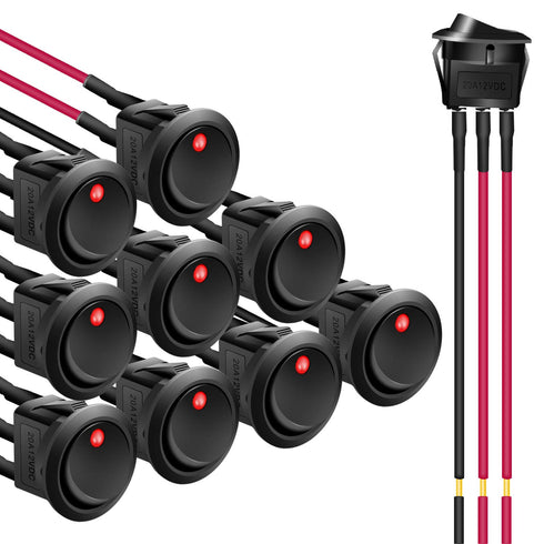 APIELE Rocker Toggle Switch - 20 CM Pre-Wired DC 12V 20A ON-Off with Dot Light, 10Pcs KCD2-102N-Wired, Red