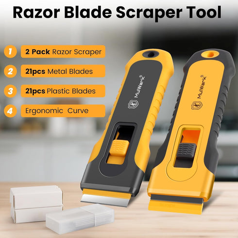 2 Pack 42pcs MulWark Razor Blade Scraper, Razor Scraper Tool with Extra Razor Blades, Glass scraper with Storage