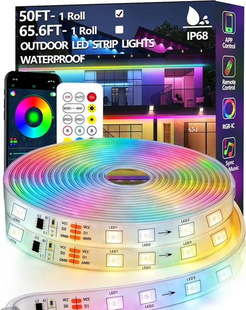 50FT Outdoor LED Strip Light Waterproof,IP68 Outside RGB+IC Light Strip with App/Remote