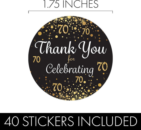 Black and Gold 70th Birthday Thank You Stickers - 40 Labels, 1.75 in