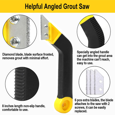 Grout Removal Tool - Angled Design Grout Hand Saw with 6 Extra Replacement Blades for Tile Cleaning