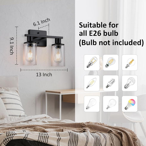 Litaddscen 2-Light Matte Black Bathroom Vanity Light,Bathroom Light Fixtures Over Mirror with Clear Glass Shade,Modern
