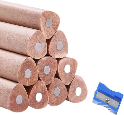 Buspoll 10 Stick HB Pencils, Unpainted Natural Wood Grain, Triangular for Kids Stationery