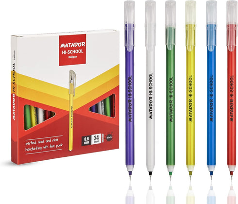 Matador HI-SCHOOL Ballpen, Fine-Point 0.6 mm, Black Ink, 24 Counts, Colorful Bodies