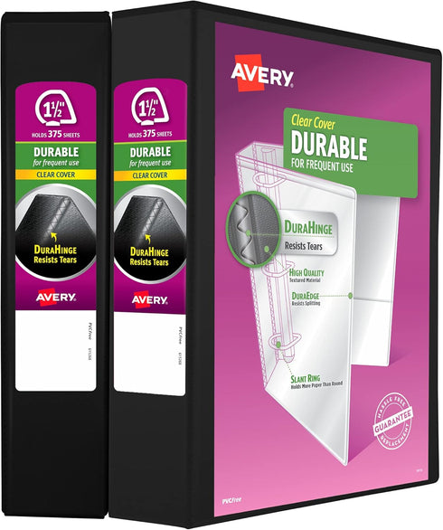 Avery Durable Clear View 3 Ring Binders, 1.5 Inch Slant Rings, Black, 2-Pack (19300)