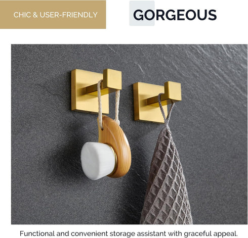 Angle Simple Towel Hook Brushed Gold 2 Pack, 304 Stainless Steel Square Robe Hook for Bathroom Use