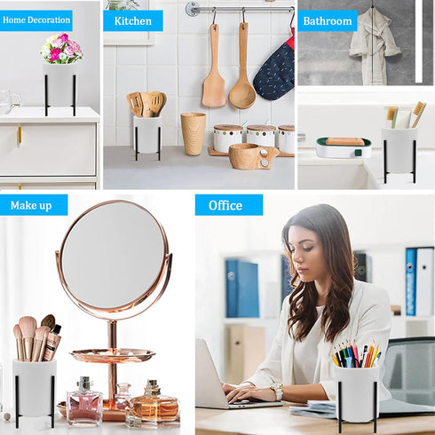 Ceramic Pen Holders & Makeup Brush Holders for Desk, Black Metal Bracket Desktop Stationery Organizer