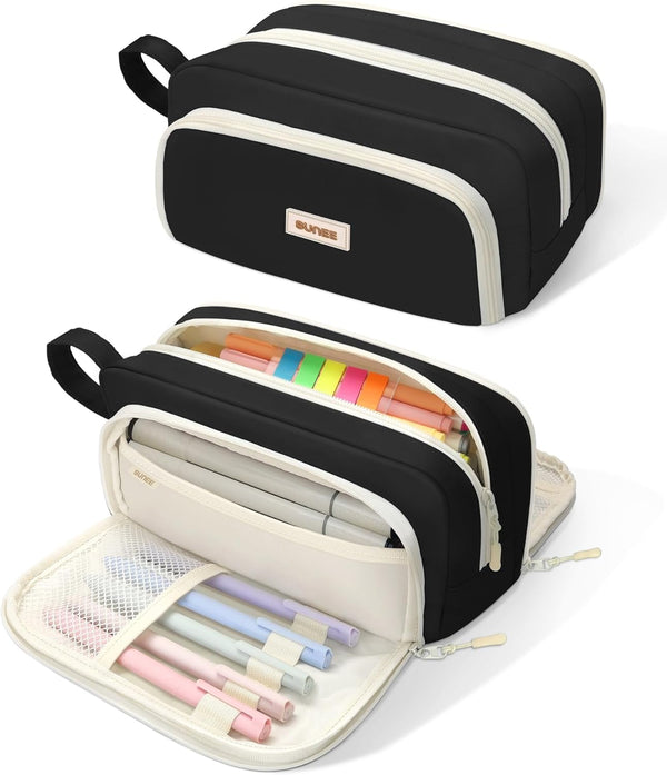 SUNEE Aesthetic Pencil Case, Kawaii Large Pen Pouch with 3 Compartments, Black Stationery Organizer for Teen Girls