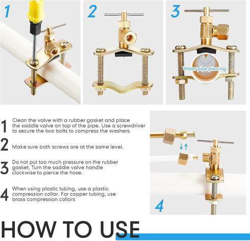 2 Pcs Brass Self Piercing Saddle Valve - Copper Self Tapping Valve for Water Pipe Supply