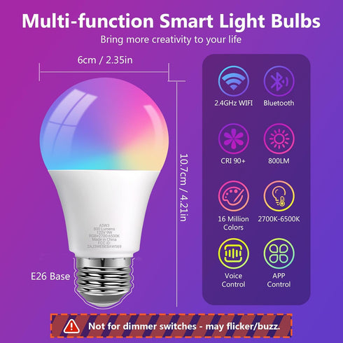Bulbs, Bulb Home,Preset A19 E26 2.4G Dimmable Bulbs, 60W 800LM, 4 Pack DAYBETTER Smart Light RGBCW Color Changing Smart