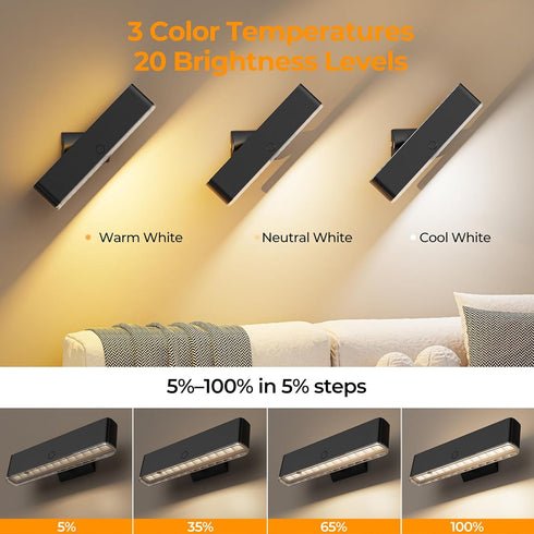 3 360 1-Pack) MOITA Magnetic Wireless Battery Operated Wall Sconce, Rechargeable Remote Control & Touch Control Wall