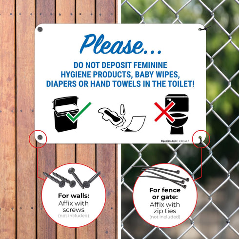 10x7 Inches, .040 Please Do Not Deposit Feminine Products Baby Wipes Diapers in Toilet Sign, Rust Free Aluminum, Fade