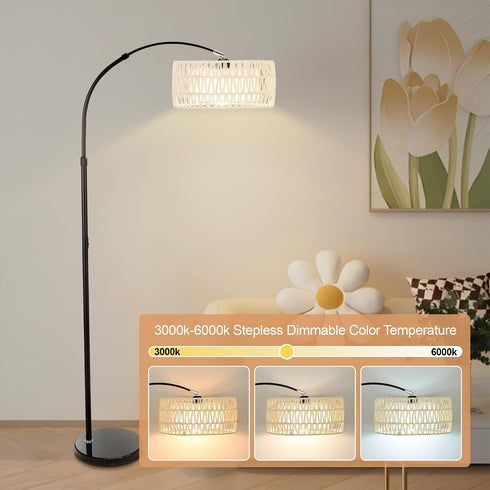Feijidengshi 3 Dimmable Bulb,Farmhouse Arc Floor Lamp for Living Room,Stylish Rattan Boho Floor Lamp with Color
