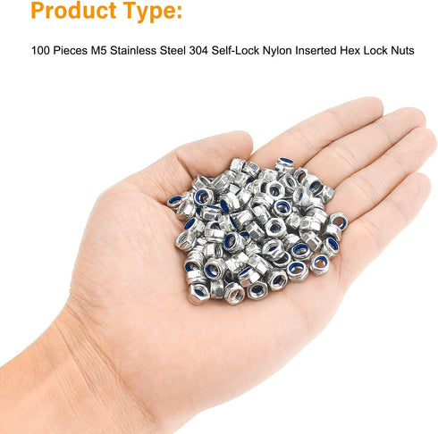 100 Pieces M5 x 0.8mm 304 Stainless Steel Self-Lock Nylon Inserted Hex Lock Nuts