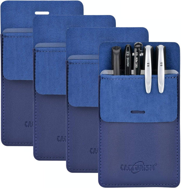 Cacturism 4 Pack Pocket Protector, Premium PU Leather Pen Holder Pouch Organizer for Shirts, Lab Coats, Pants (Blue)
