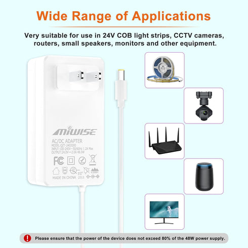 Power Supply Adapter DC24 2A 48W AC to DC Converter for COB LED Strip, CCTV Camera, White, 2.1mm X 5.5mm