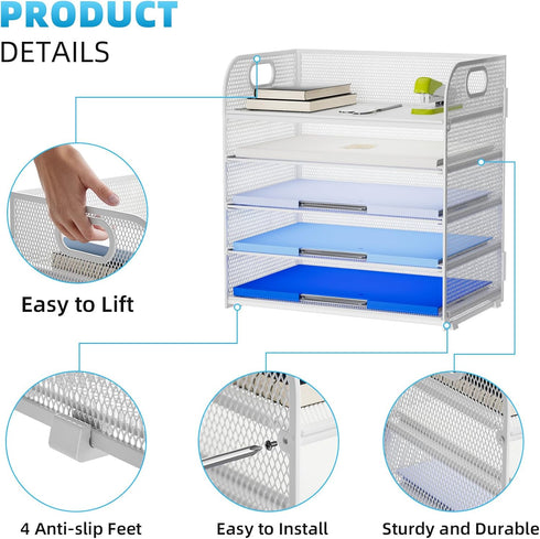Marbrasse Paper Organizer Letter Tray, 5 Tier Mesh File Organizer with Handle for Home Office Supplies - White