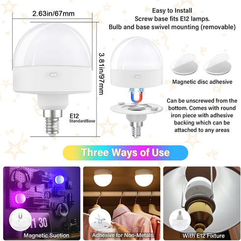 E12 Bulb 15 Bulbs,Magnetically,Dimmer,Wireless Bulb Sconce,Non-Hardwired,Detachable,2 Pack Rechargeable Light