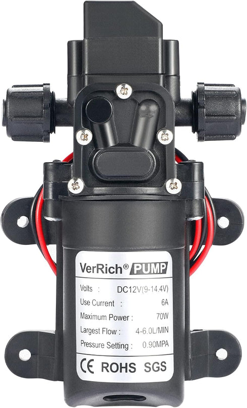 VerRich 12V Diaphragm Pump, 70W 6A Intelligent Self Priming Sprayer Pump, 6 L/Min 0.9MPA 131 PSI for RV, Camper,