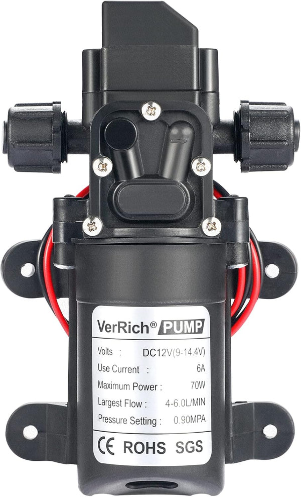 VerRich 12V Diaphragm Pump, 70W 6A Intelligent Self Priming Sprayer Pump, 6 L/Min 0.9MPA 131 PSI for RV, Camper,