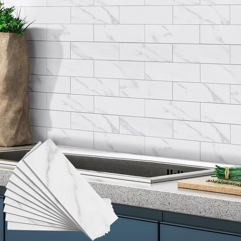 Yew & Tulip 30 PCS Peel and Stick Subway Tile for Kitchen Backsplash, 3"x9" White Marble Faux Stone