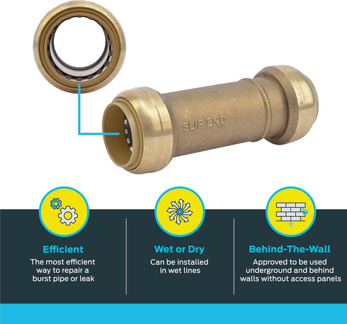 SharkBite 1 Inch Push to Connect Brass Plumbing Fitting, Slip Coupling for PEX, Copper, CPVC, PE-RT, HDPE, U3020LFA