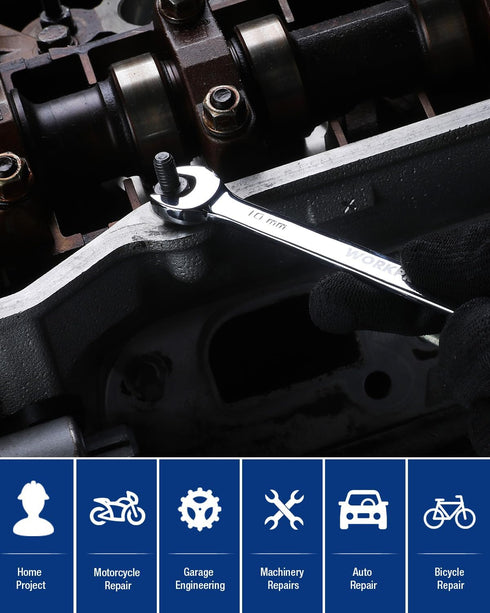 10 mm 12-Point 15-Degree Offset WORKPRO Ratcheting Combination Wrench Metric, CR-V Constructed with Mirror Polish