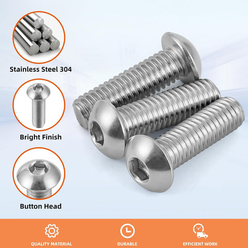 1/4-20 x 5/8" Button Head Socket Cap Bolts, 18-8 Stainless Steel, 25 PCS, Full Thread Allen Hex Drive