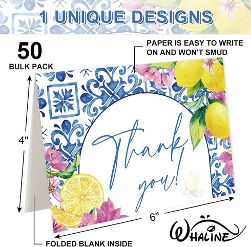 50 Summer 4 6 Inch Whaline Pcs Mediterranean Lemon Thank You Cards Boxed Blue Tile Flower Greeting Card with Envelope