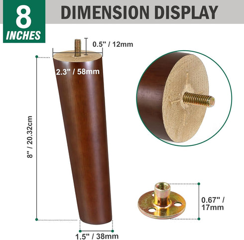 FoDau770 8 Inches, Set 4, 5/16" Brown Rubber Wood Furniture Legs Slant Tapered Wood Feet Mid Century Sofa Legs of UNC