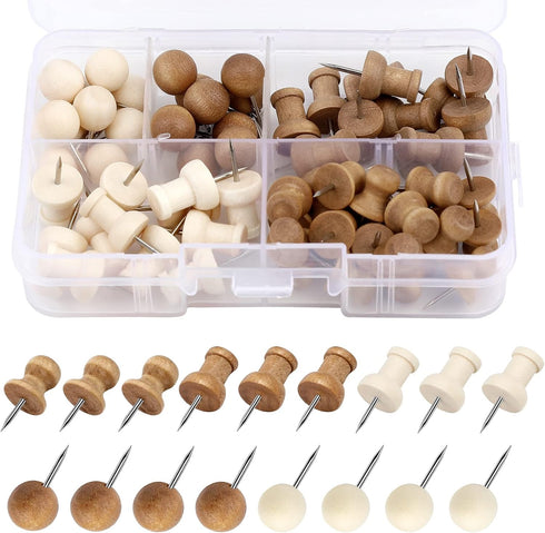 Push Pins, Decorative Thumb Tacks for Cork Board, Wooden Thumb Tacks for Wall Hangings, with Storage Box (Coffee, White)