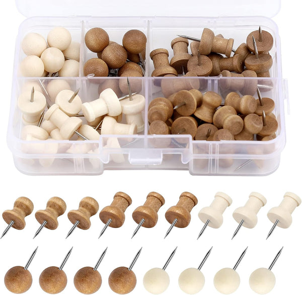 Push Pins, Decorative Thumb Tacks for Cork Board, Wooden Thumb Tacks for Wall Hangings, with Storage Box (Coffee, White)