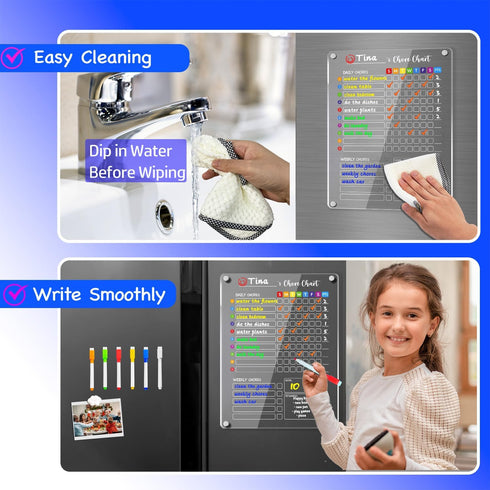 PigPotParty Magnetic Acrylic Chore Chart for Kids - 12"x16" Responsibility Chart with 2 Weekly Dry Erase Boards