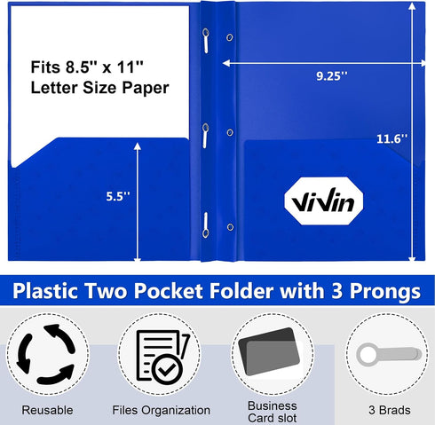 ViVin Sturdy Plastic Folder, 10 Pack, 2 Pocket Folder with Prongs, Holds 8.5 * 11 Letter Size Sheets, Plastic Folders with Pockets and Prongs, for Office School and Home - Blue by ViVin