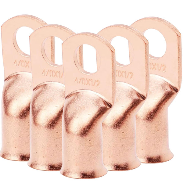 5PCS Heavy Duty Battery Lugs, 4/0AWG 1/2in M12 Ring Terminals, Electrical Crimp Connectors