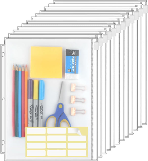 KTRIO 12 Pack Zipper Binder Pocket, Letter Size Clear PVC Loose Leaf Pouch for 3 Ring Binder Document Storage