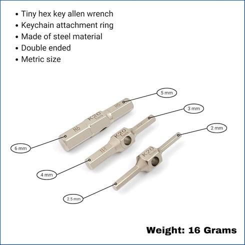 Keychain Hex Key Allen Wrench Multi-Tool Set - Metric Sizes 2, 2.5, 3, 4, 5, 6 mm