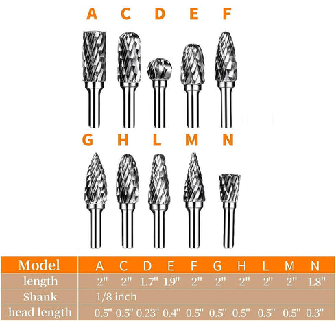 Carbide Burr Set: 10Pcs Rotary Burr Set Head with 1/8" Shank for Die Grinder Bit Tool
