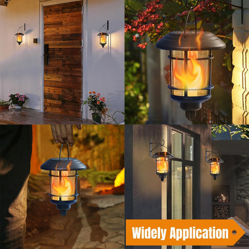 2 Pack Dynaming Solar Flame Wall Lanterns, Outdoor Solar Wall Hanging Lights, Flickering Flame LED Lights Auto On/Off