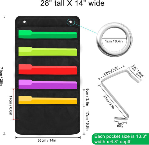 Heavy Duty 5 Pocket Door Hanging File Organizer, Black Wall Storage Pocket Charts for Classroom or Office